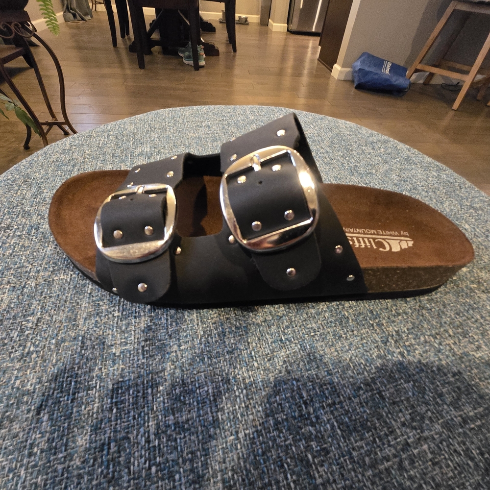 Cliffs by White Mountain, Black Double Buckle Studded Slide Sandals - Picture 6 of 8